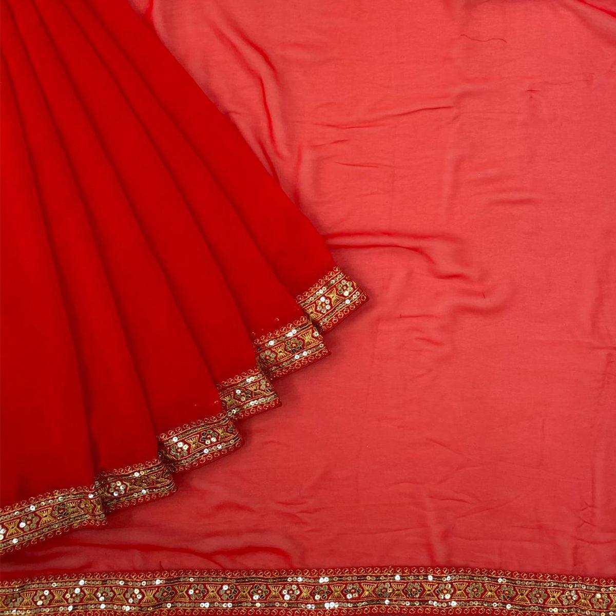 Red Sequence Embroidered Georgette Saree - Peachmode