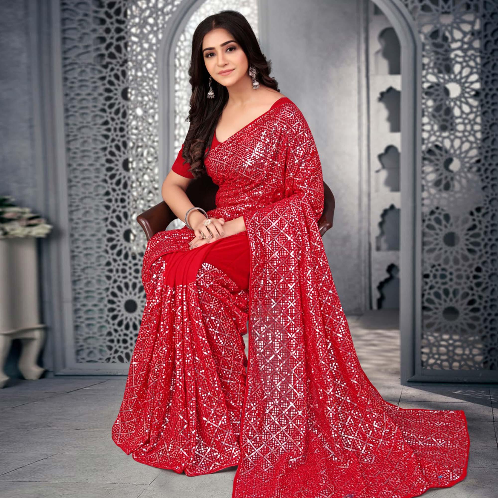 Red Sequence Embroidered Georgette Saree - Peachmode