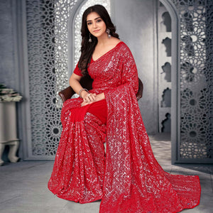 Red Sequence Embroidered Georgette Saree - Peachmode
