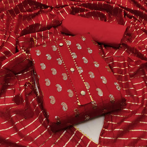 Red Sequence Embroidered Pure Cotton Dress Material - Peachmode