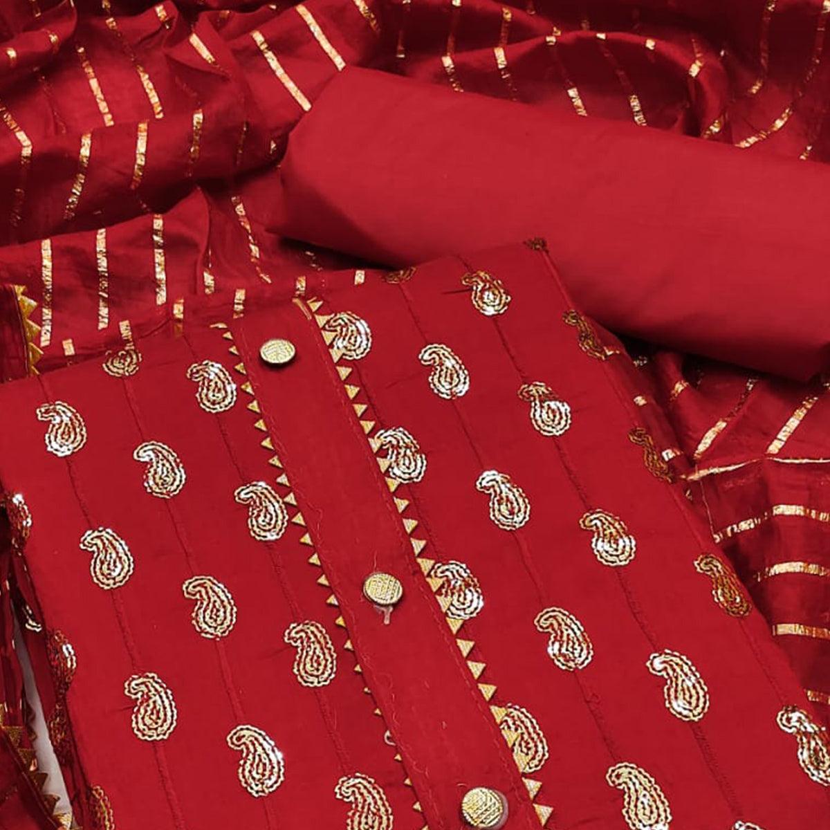 Red Sequence Embroidered Pure Cotton Dress Material - Peachmode