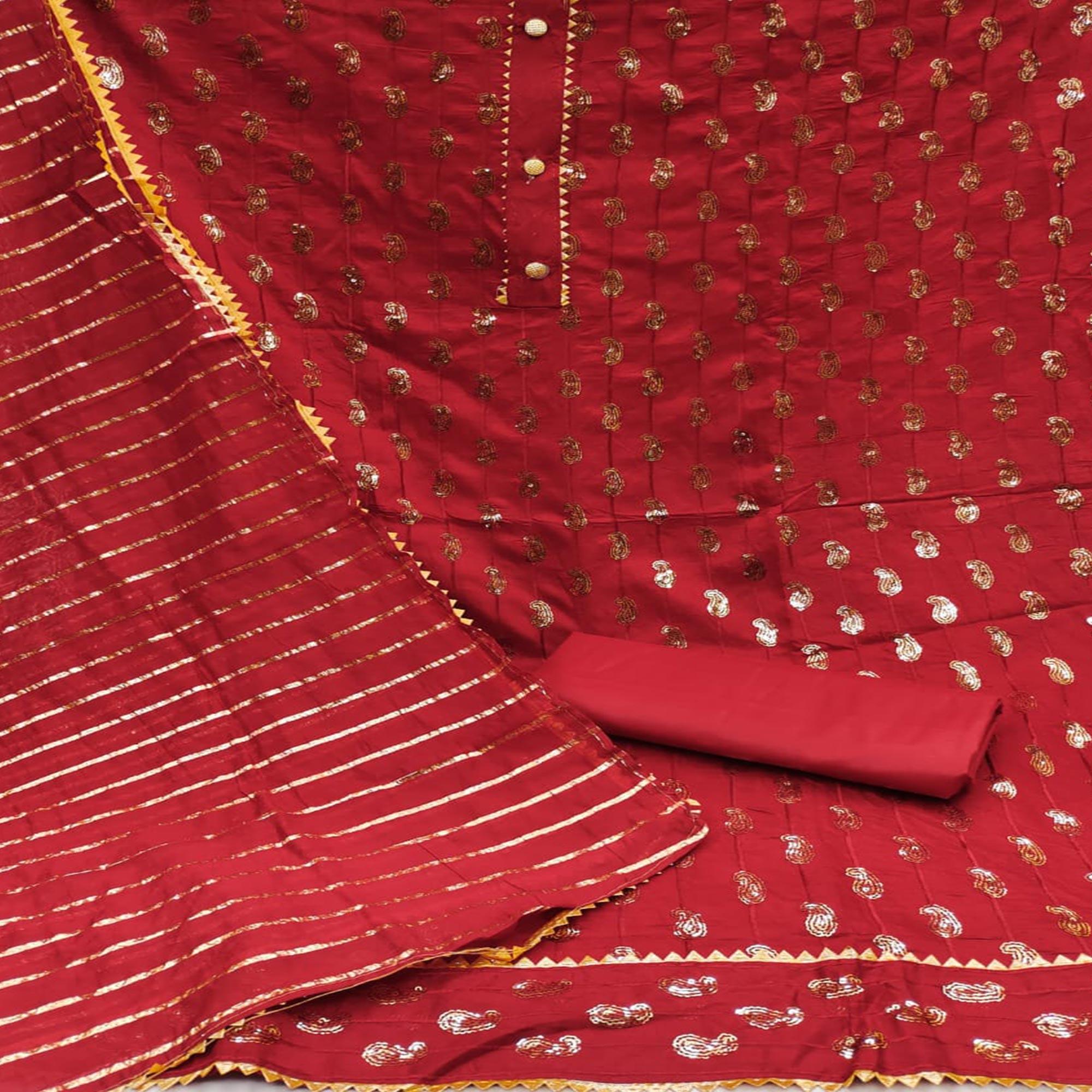 Red Sequence Embroidered Pure Cotton Dress Material - Peachmode