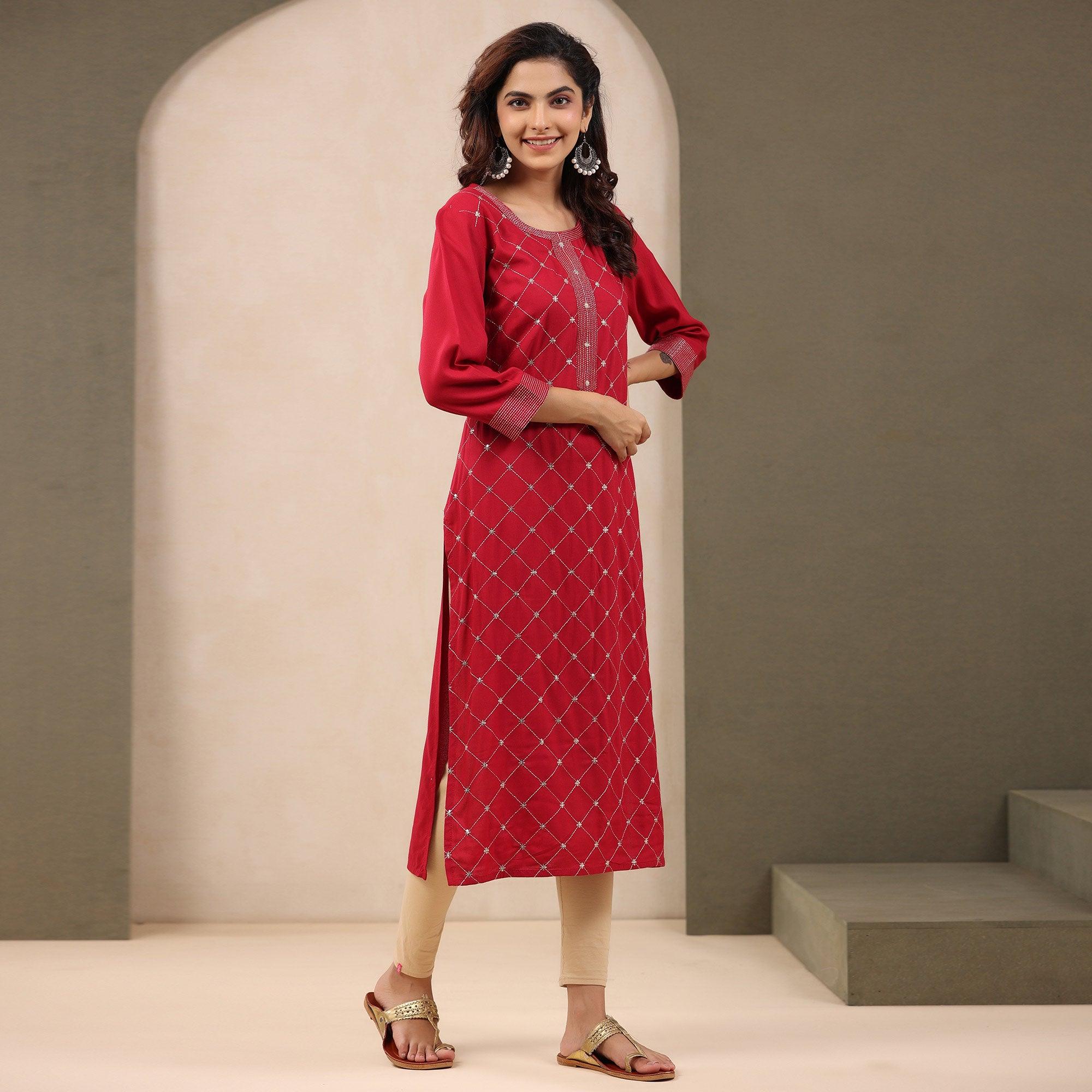 Red Sequence Embroidered Pure Cotton Kurti - Peachmode