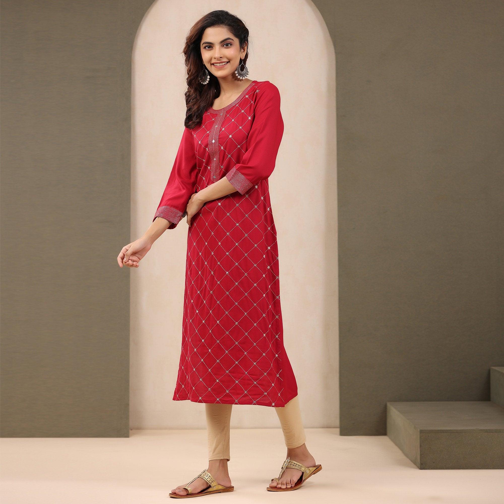 Red Sequence Embroidered Pure Cotton Kurti - Peachmode