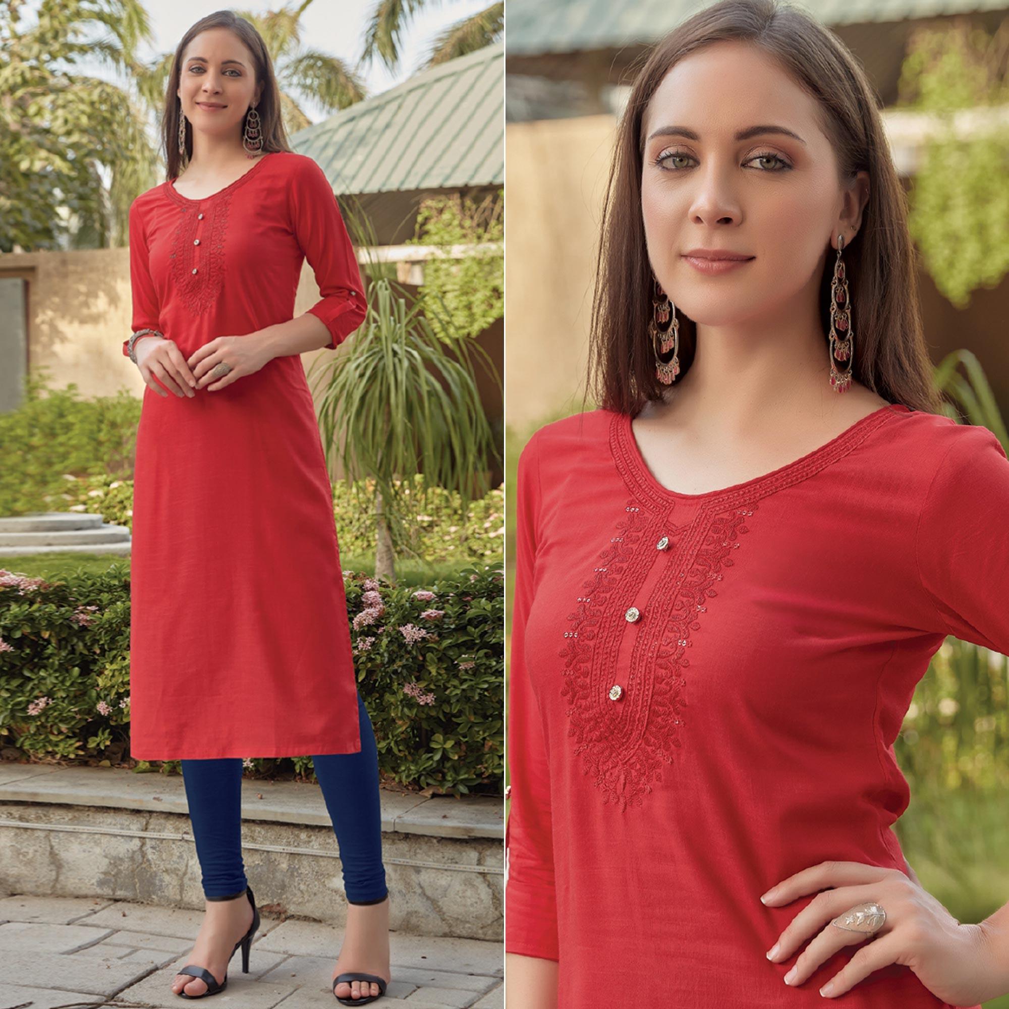 Red Sequence Embroidered Rayon Kurti - Peachmode