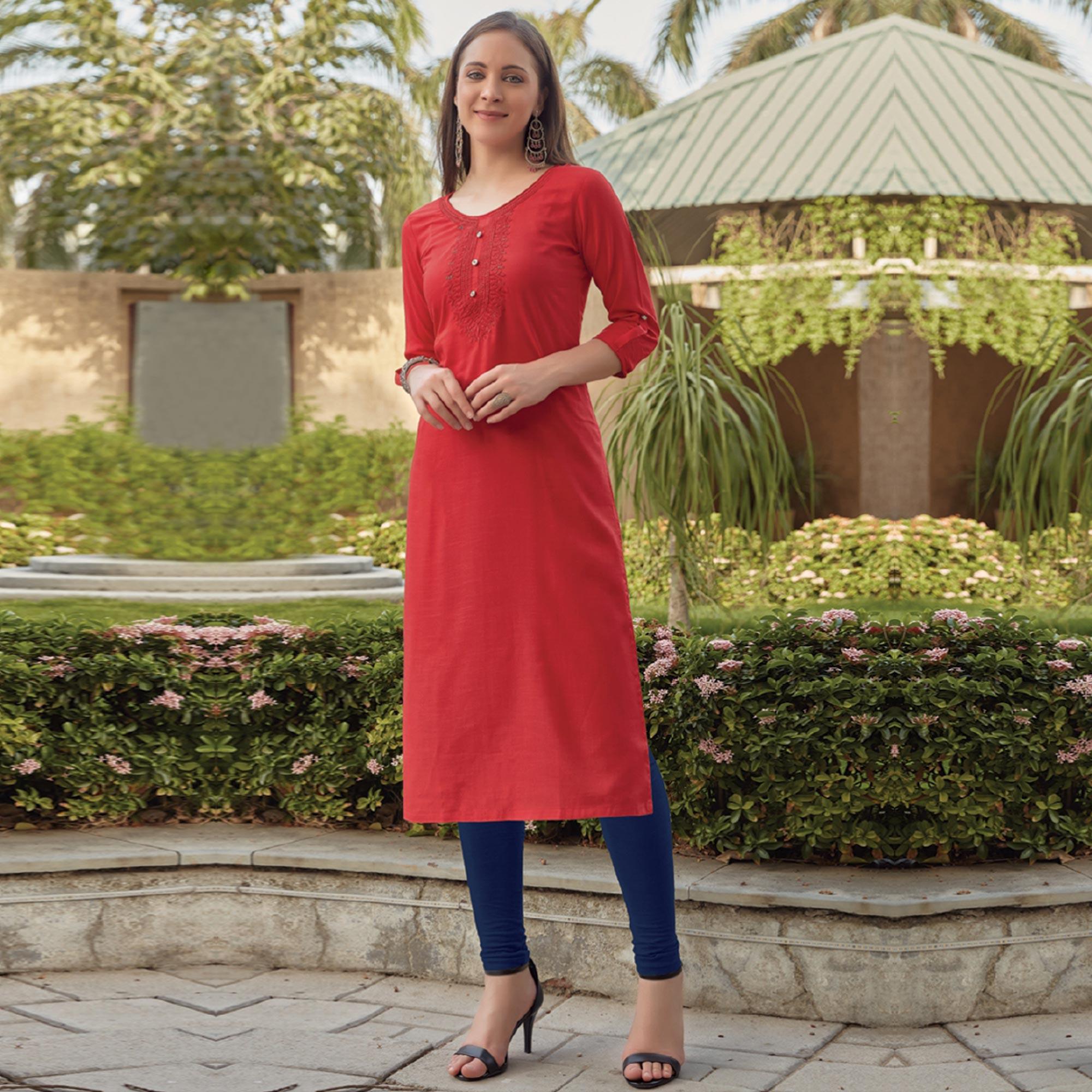Red Sequence Embroidered Rayon Kurti - Peachmode