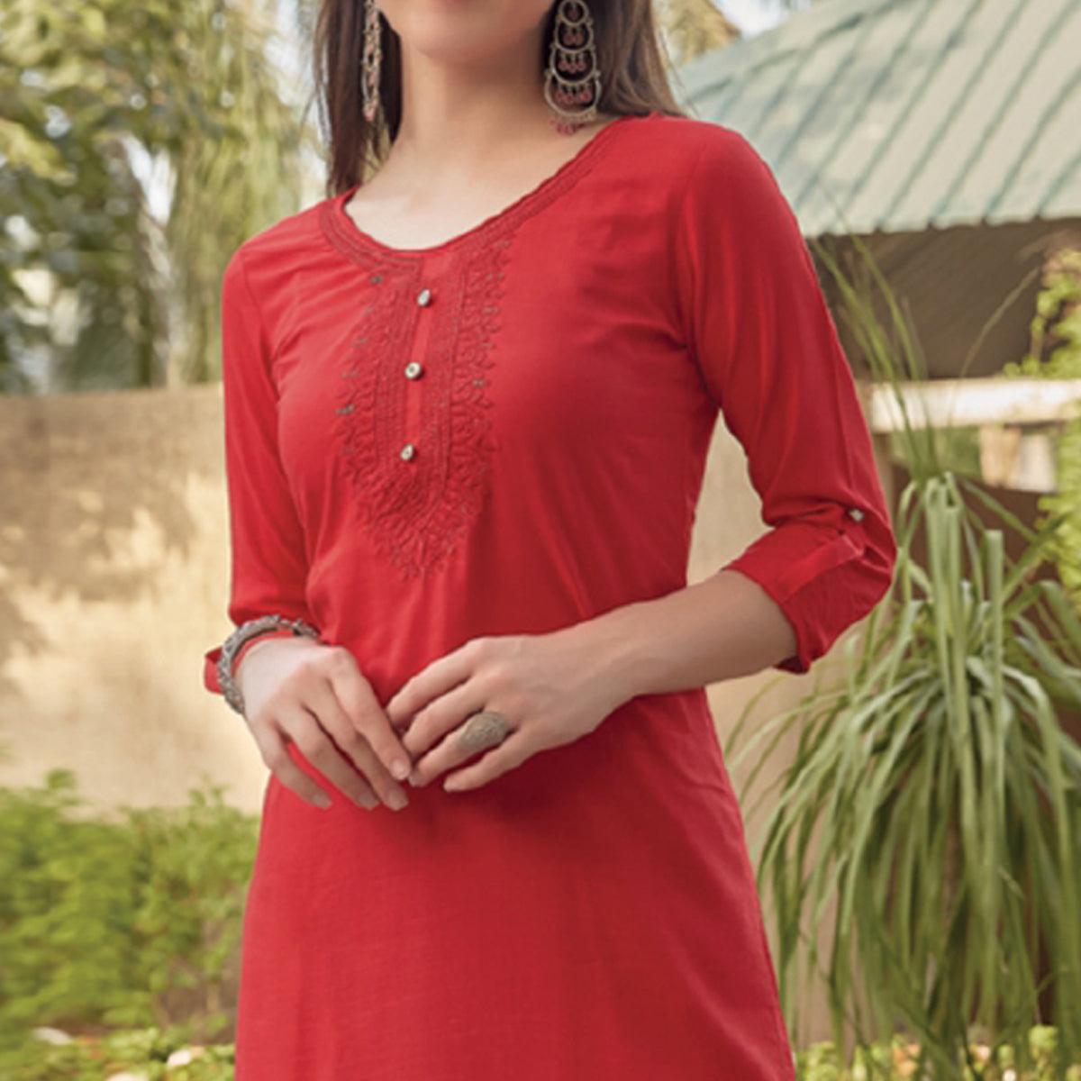 Red Sequence Embroidered Rayon Kurti - Peachmode