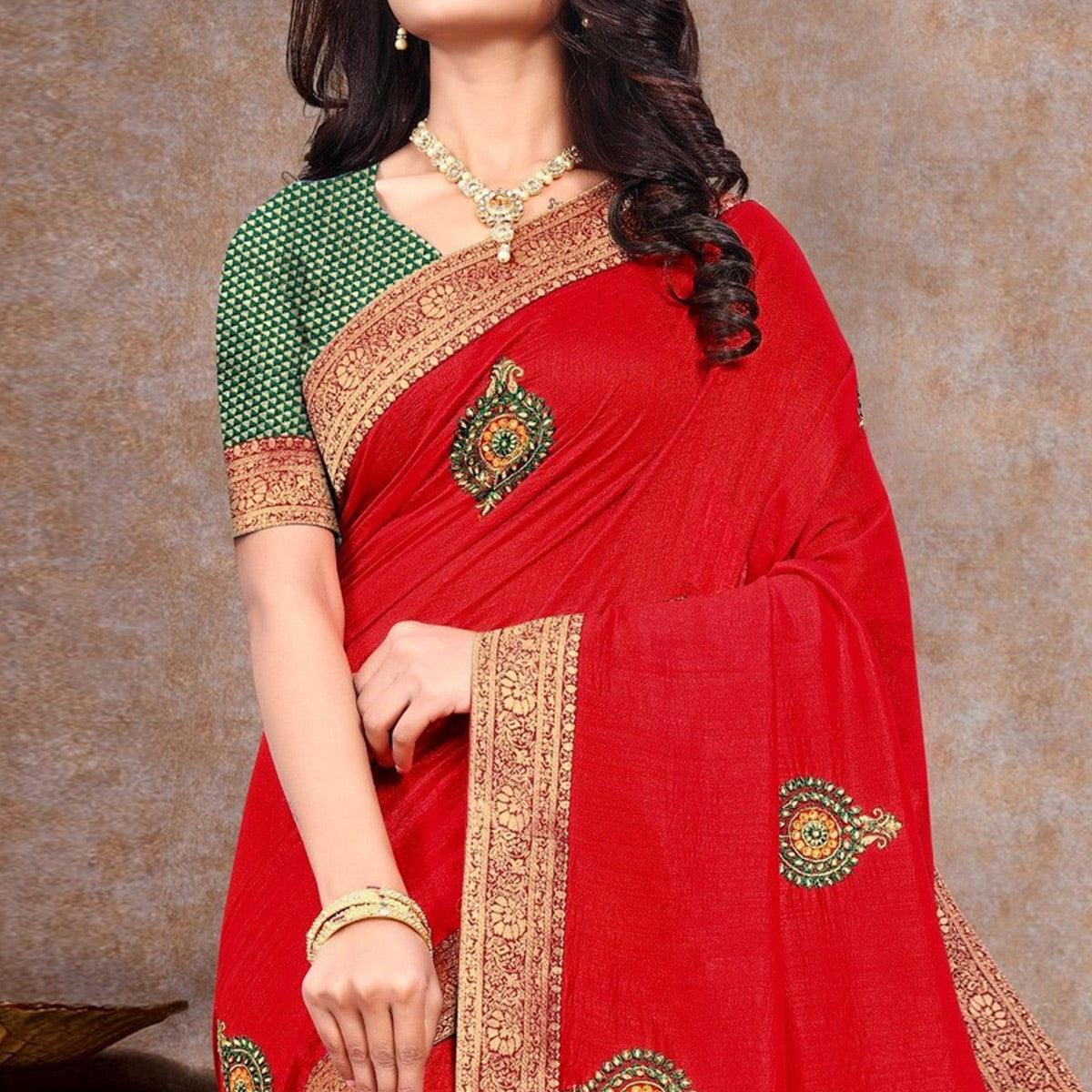Red Sequence Embroidered Vichitra Silk Saree - Peachmode