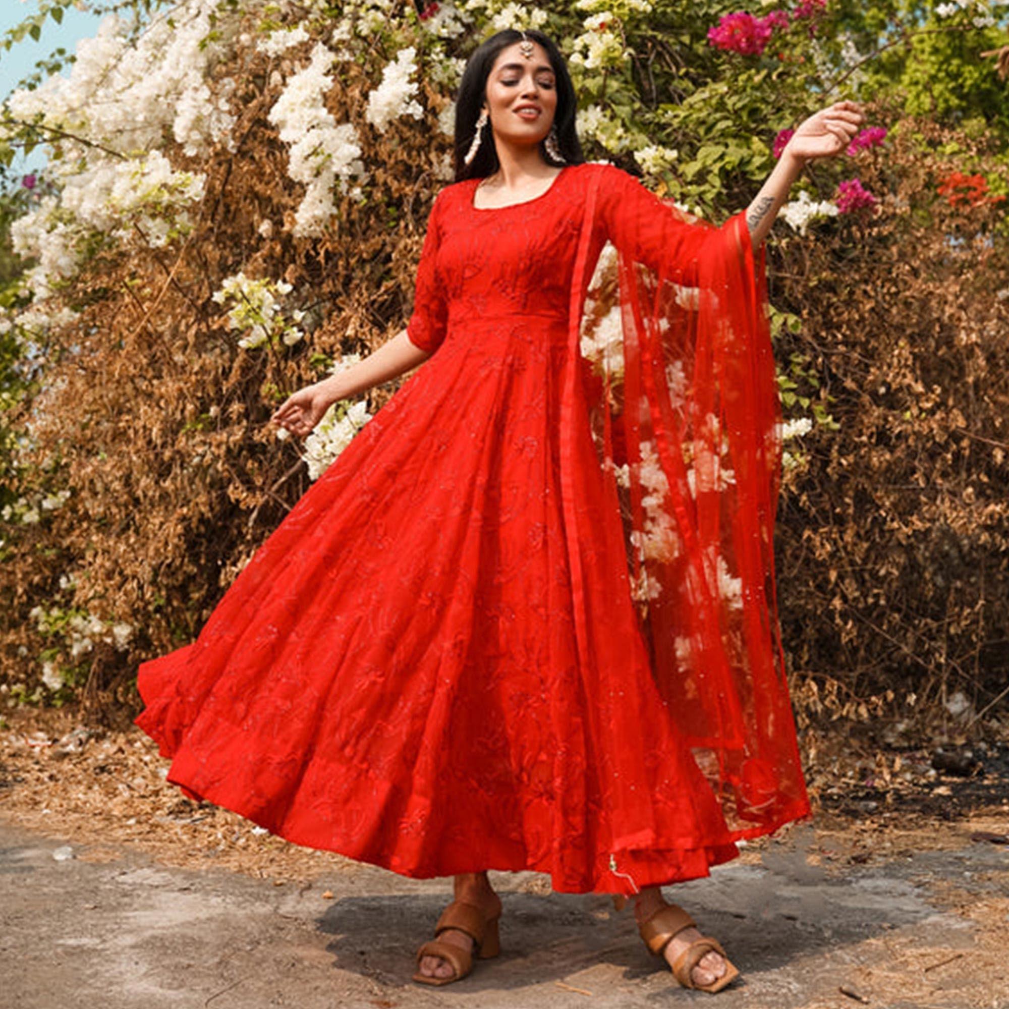 Red Sequence Floral Embroidered Georgette Anarkali Style Gown - Peachmode