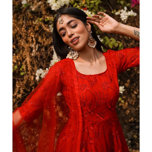 Red Sequence Floral Embroidered Georgette Anarkali Style Gown - Peachmode