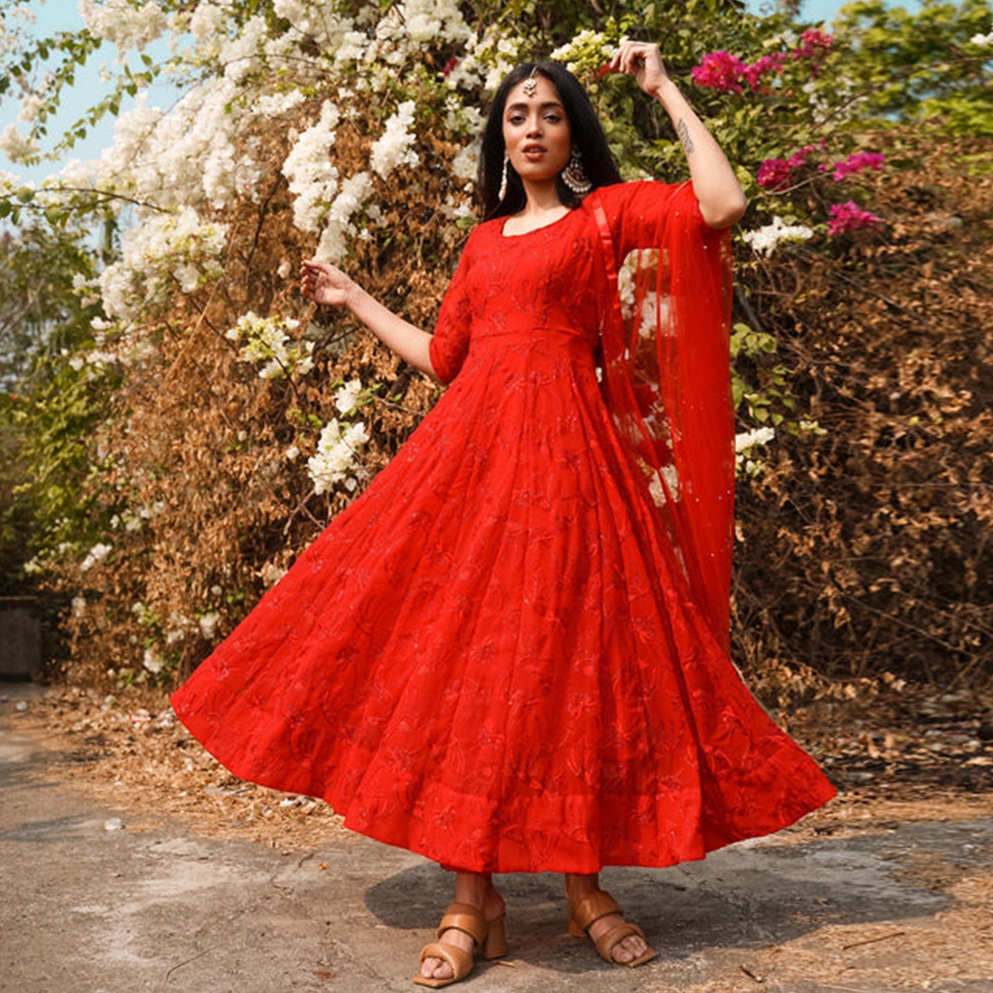 Red Sequence Floral Embroidered Georgette Anarkali Style Gown - Peachmode