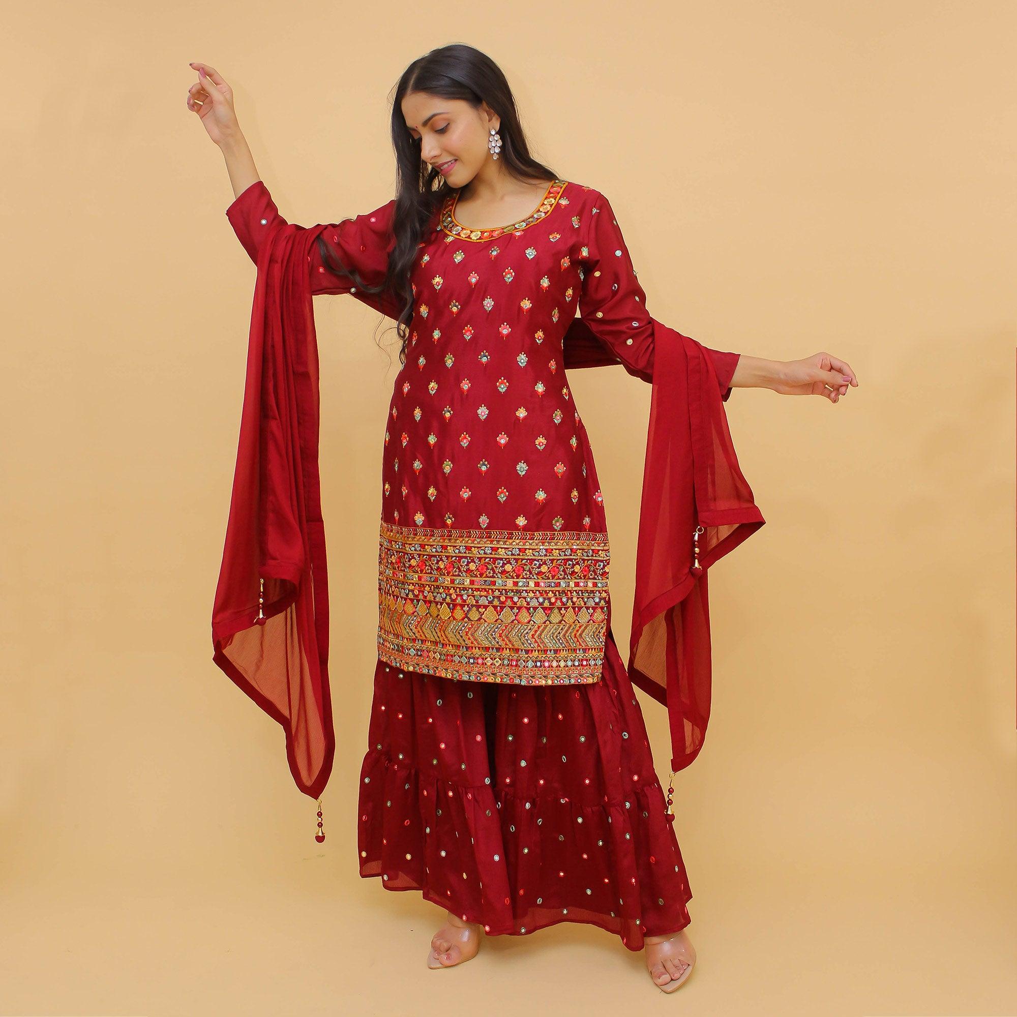 Red Sequence Floral Embroidered Georgette Sharara Suit - Peachmode