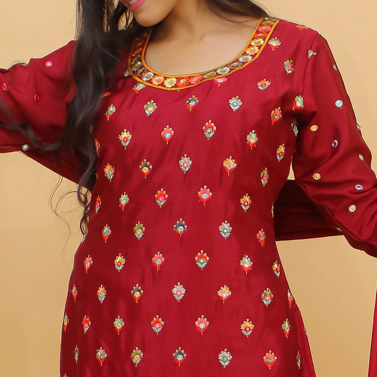 Red Sequence Floral Embroidered Georgette Sharara Suit - Peachmode