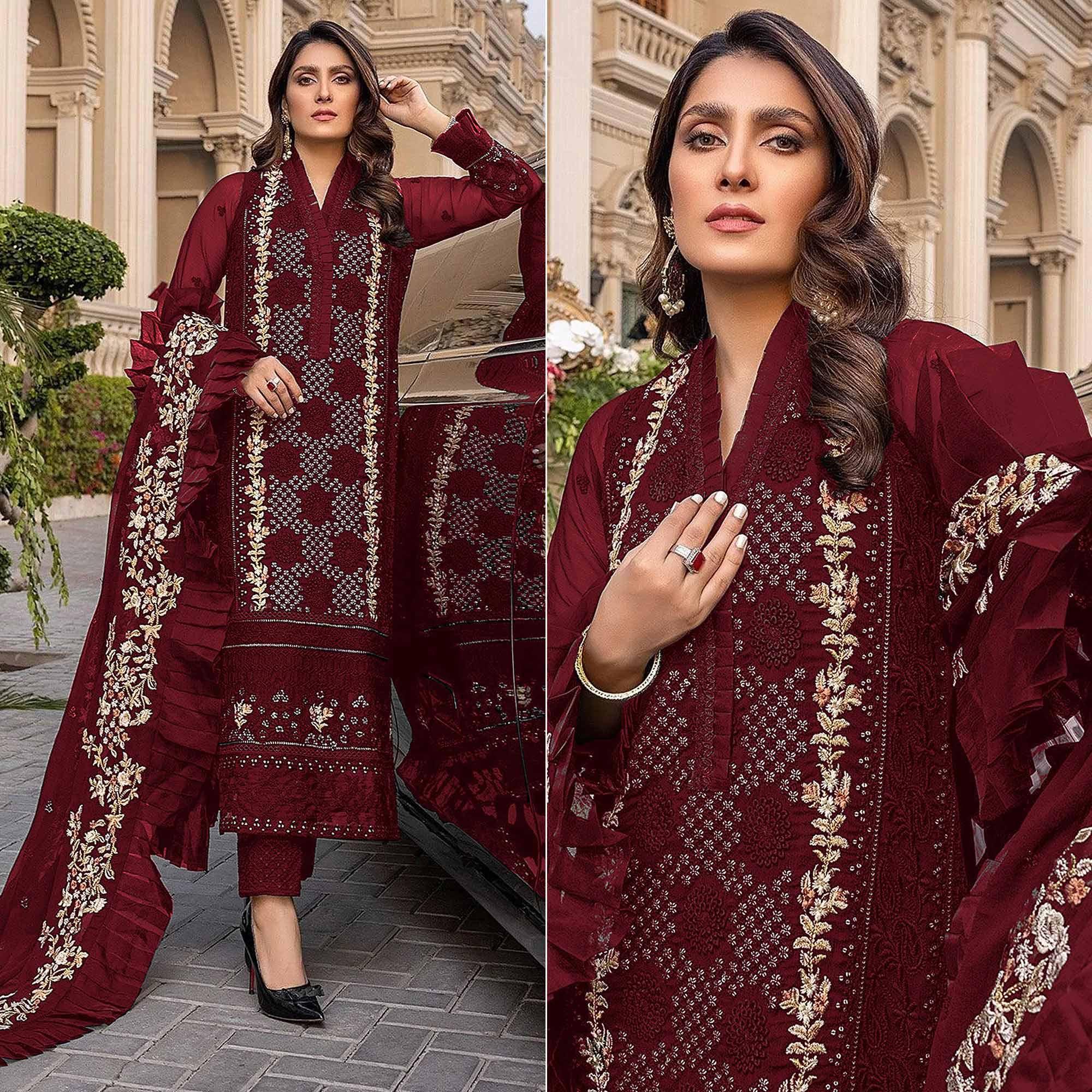Red Sequence With Floral Embroidered Georgette Pakistani Suit - Peachmode