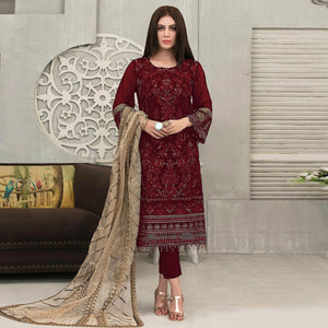 Red Sequence With Floral Embroidered Georgette Pakistani Suit - Peachmode