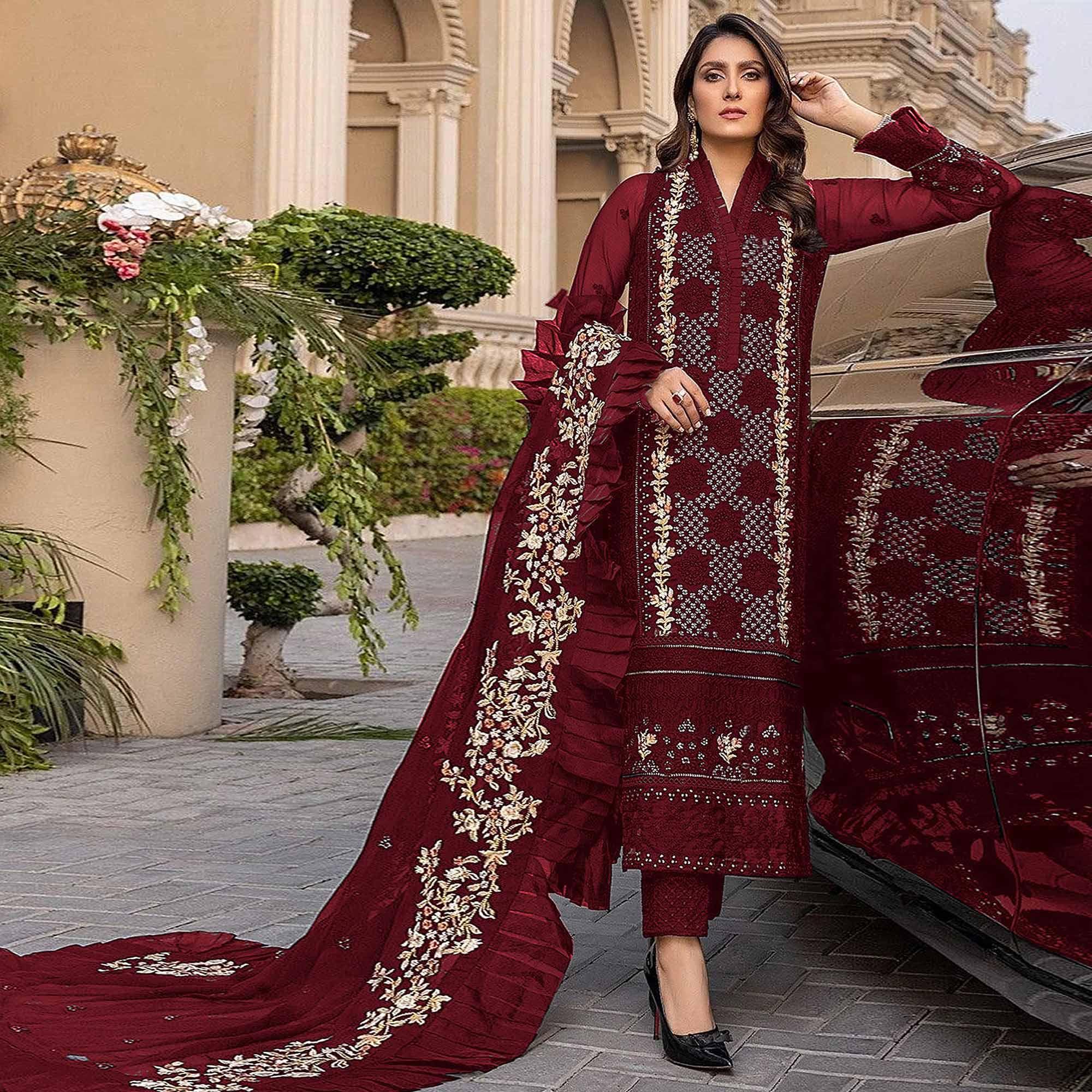 Red Sequence With Floral Embroidered Georgette Pakistani Suit - Peachmode