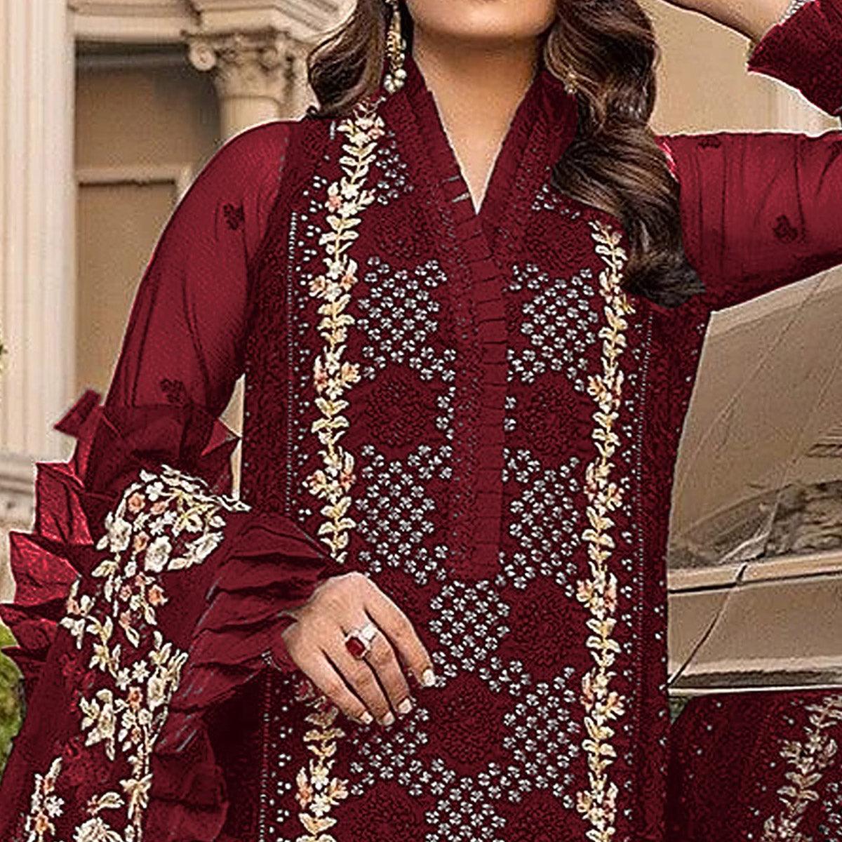 Red Sequence With Floral Embroidered Georgette Pakistani Suit - Peachmode