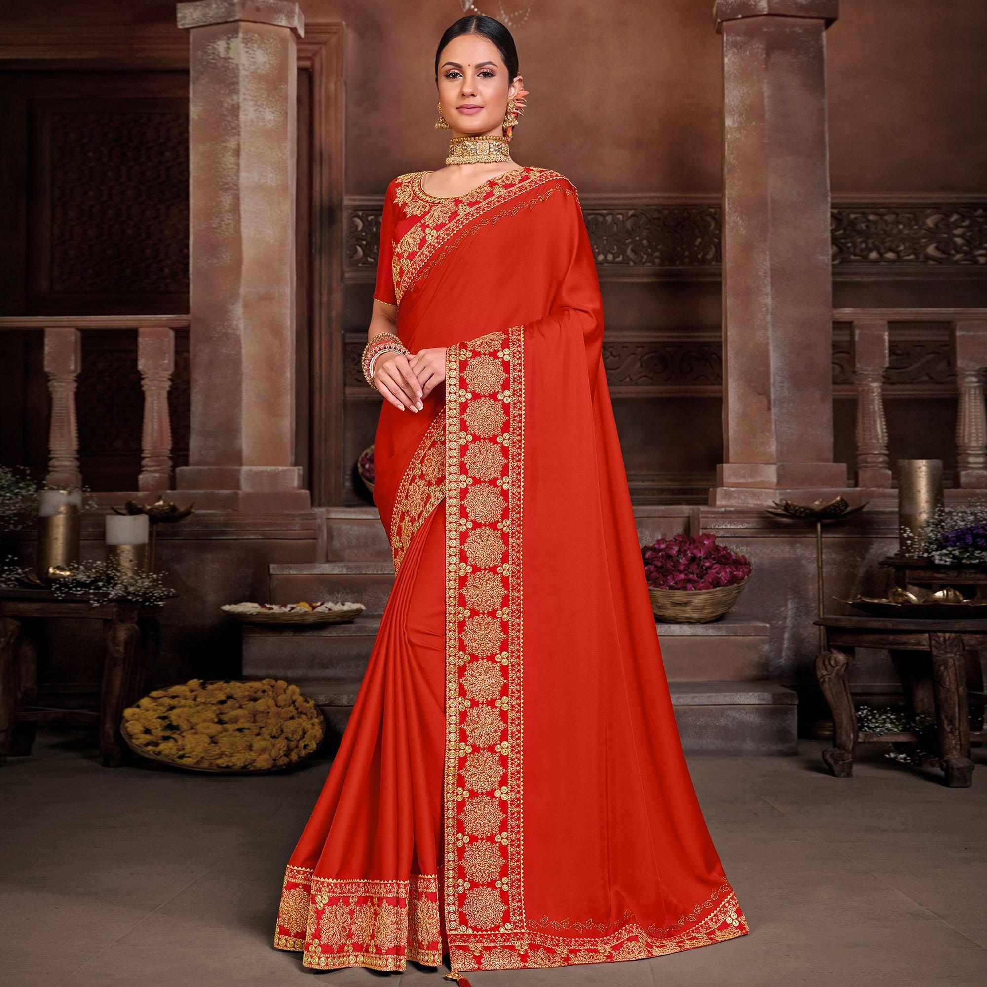 Red Solid Art Silk Saree - Peachmode