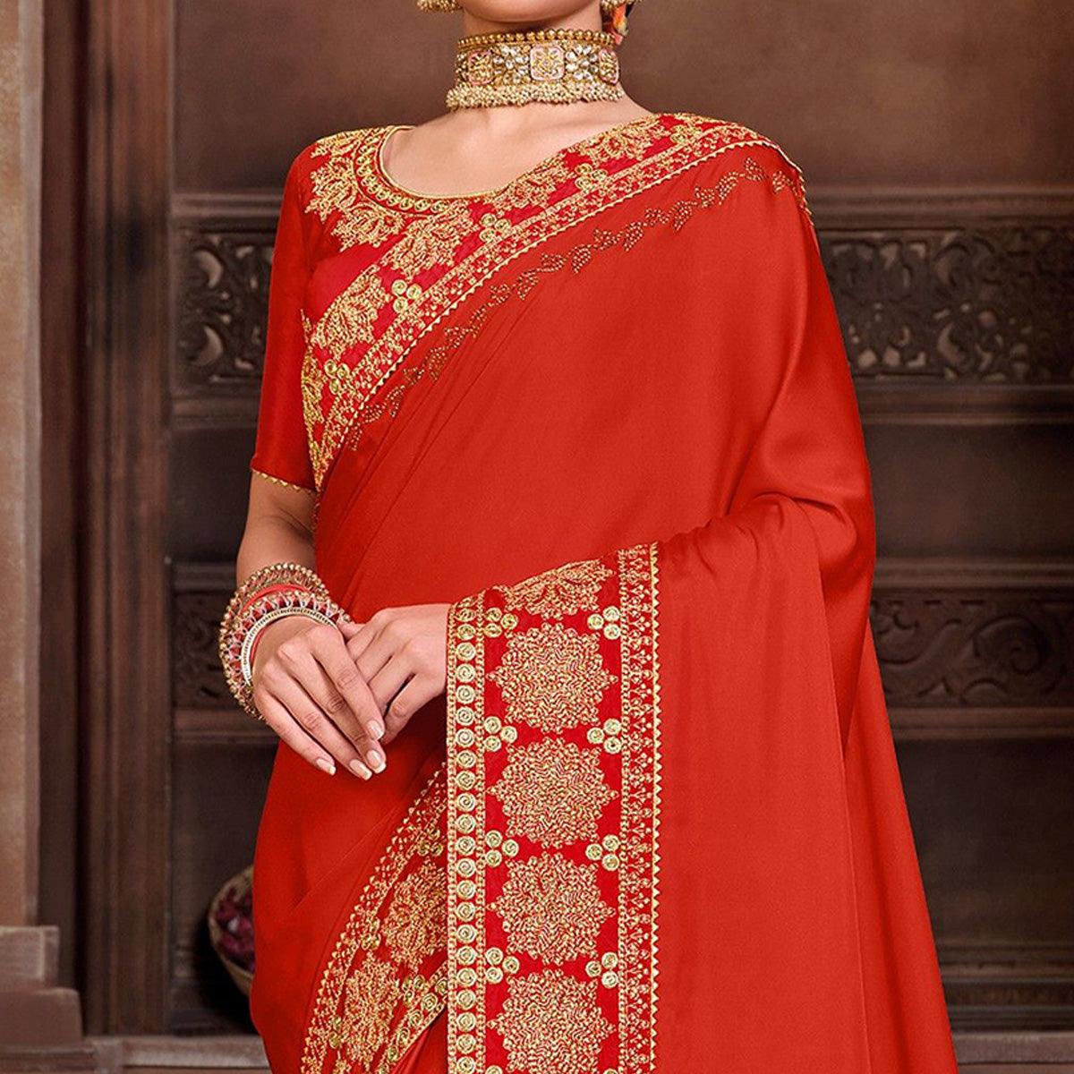 Red Solid Art Silk Saree - Peachmode