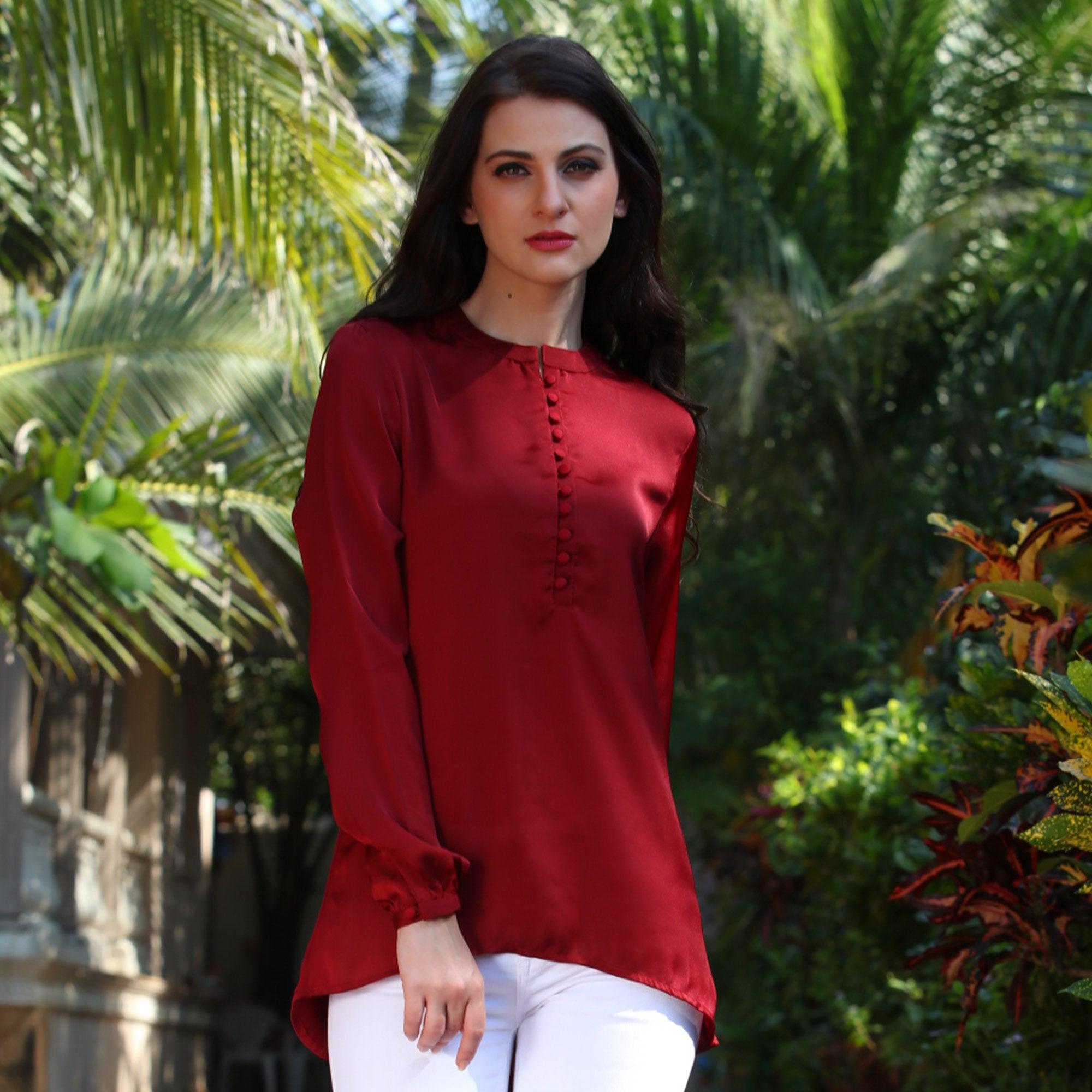 Red Solid Art Silk Top - Peachmode