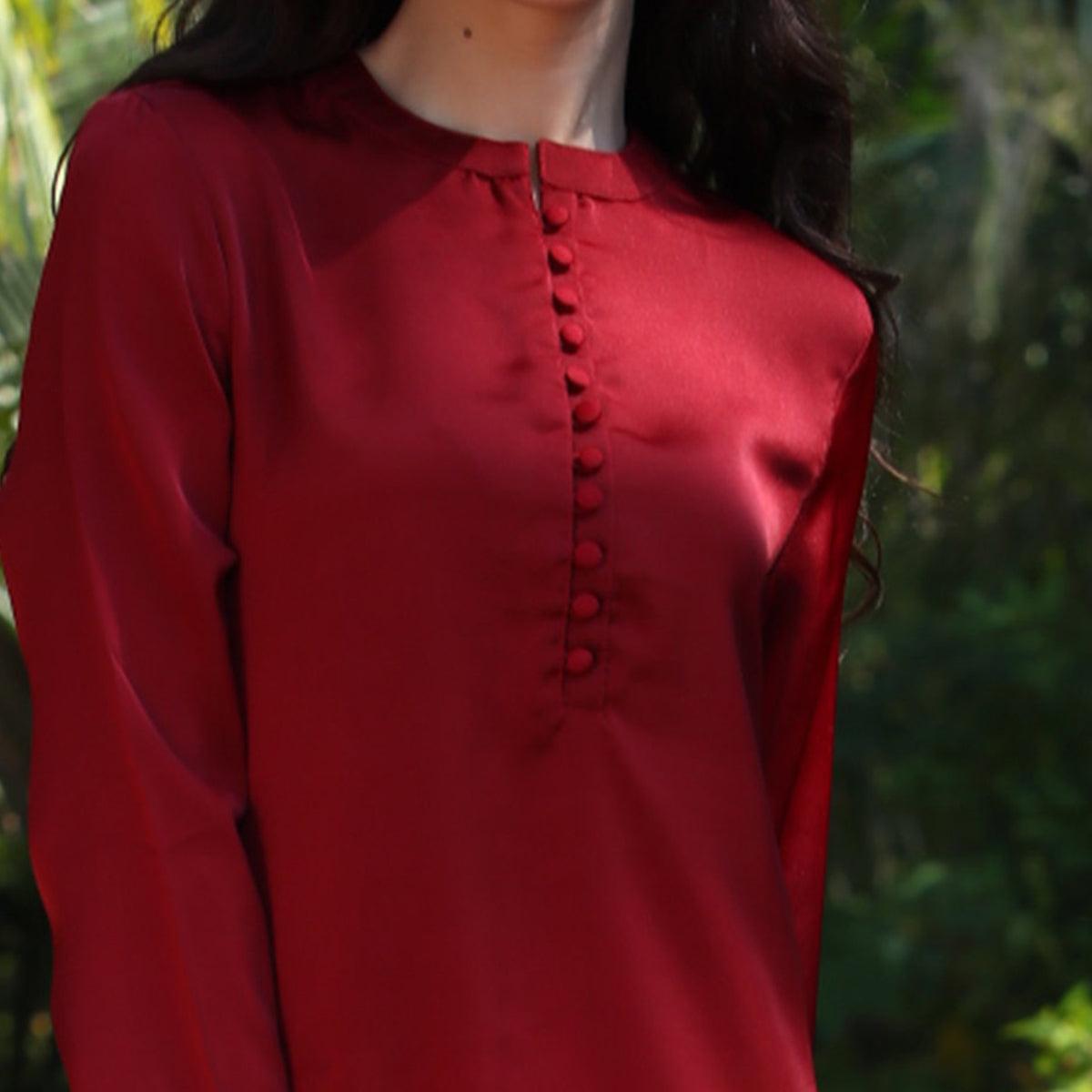 Red Solid Art Silk Top - Peachmode