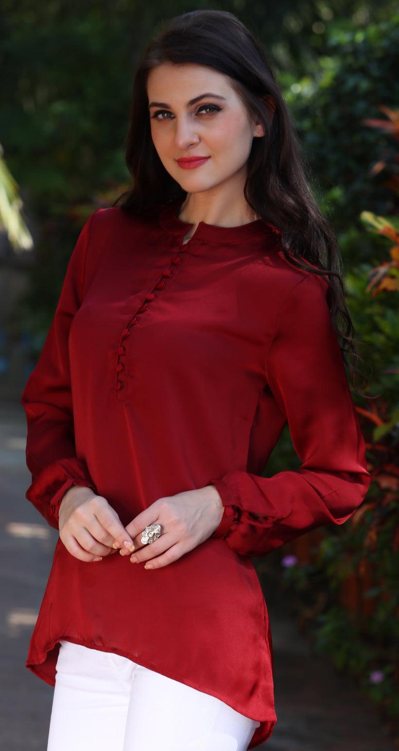 Red Solid Art Silk Top - Peachmode