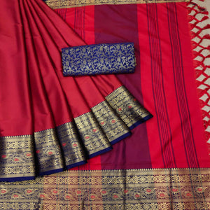 Red Solid Cotton Silk Saree - Peachmode