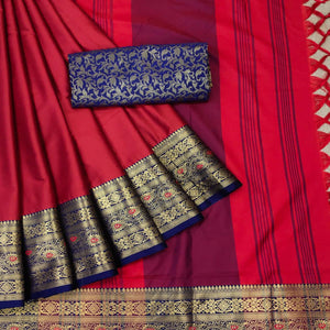 Red Solid Cotton Silk Saree - Peachmode
