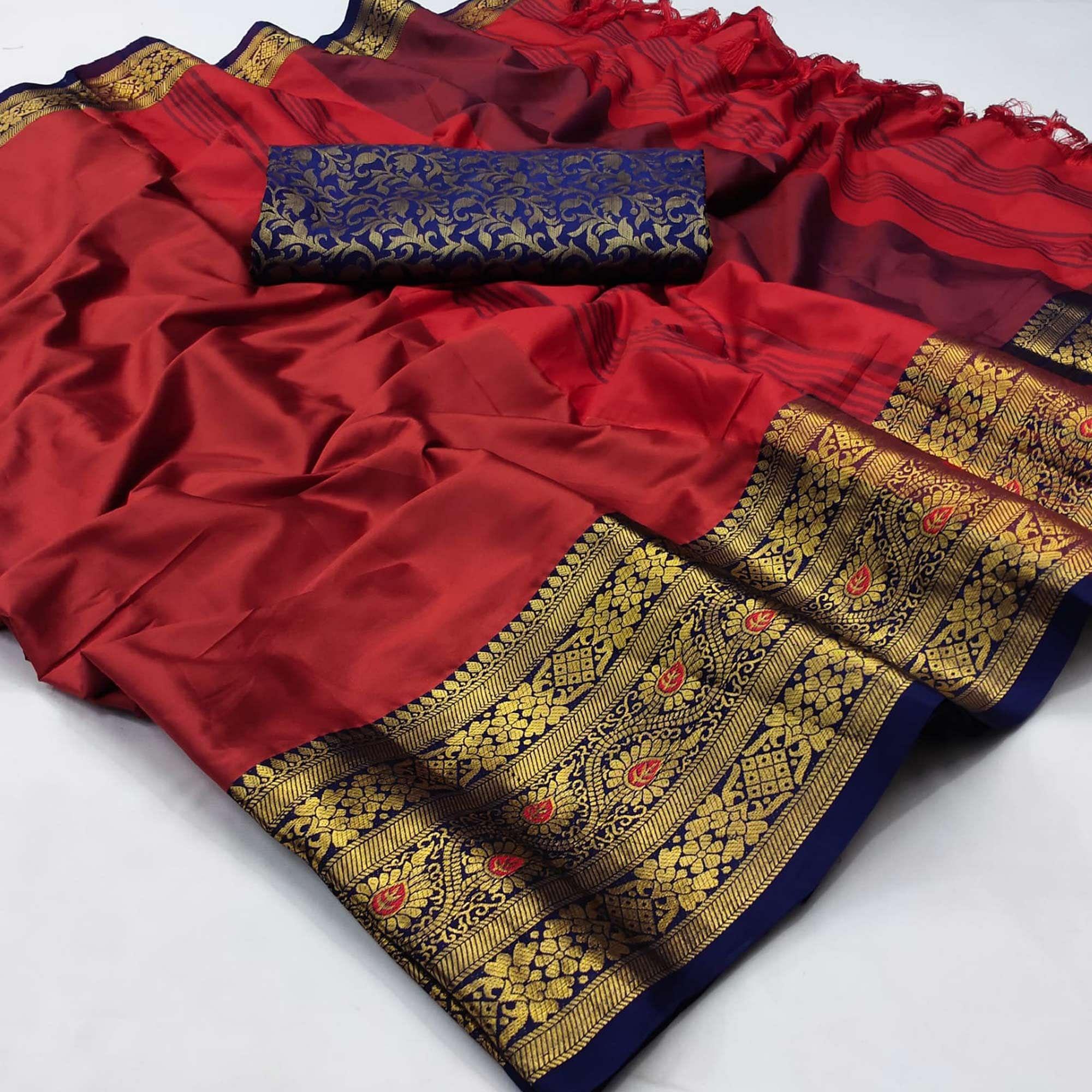 Red Solid Cotton Silk Saree - Peachmode
