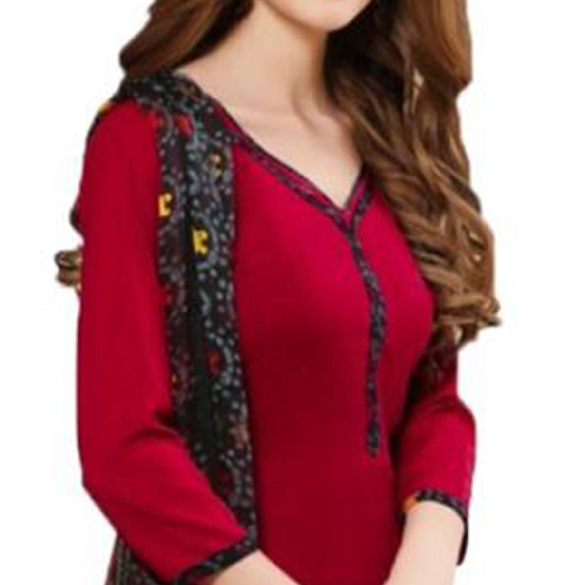 Red Solid Crepe Patiala Dress Material - Peachmode