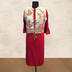 Red Solid Pure Cotton Kurti With Jacket - Peachmode