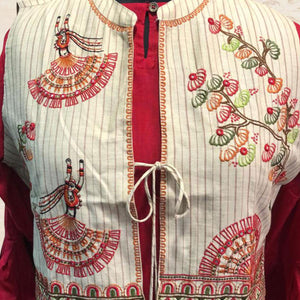 Red Solid Pure Cotton Kurti With Jacket - Peachmode