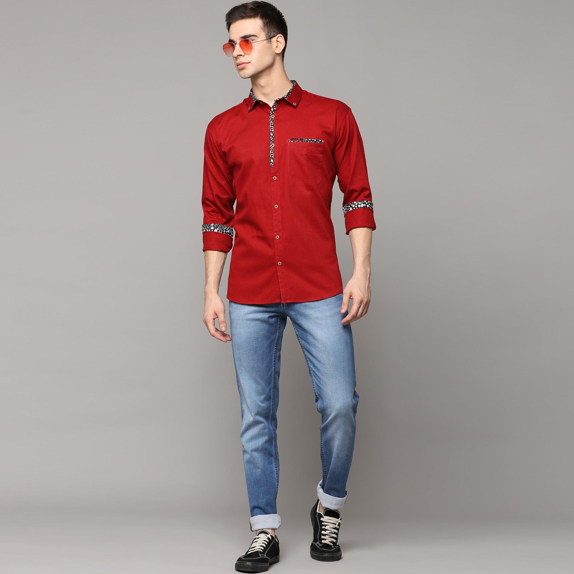 Red Casual Wear Solid Pure Cotton Men's Shirt