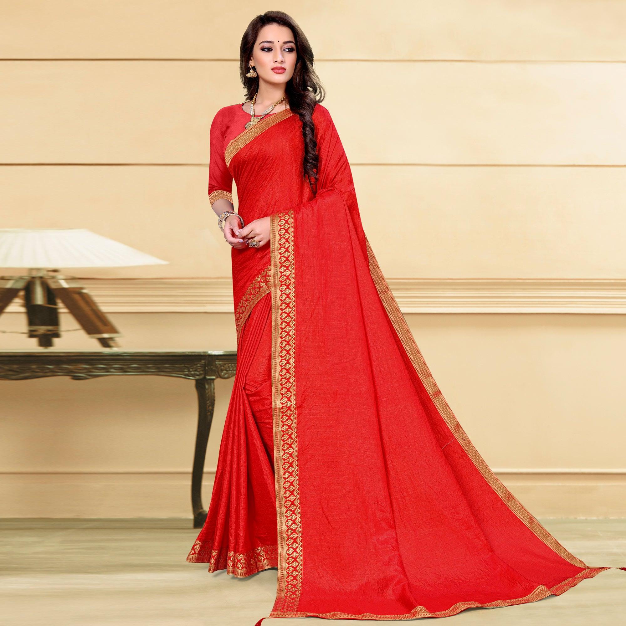 Red Solid Vichitra Silk Saree - Peachmode