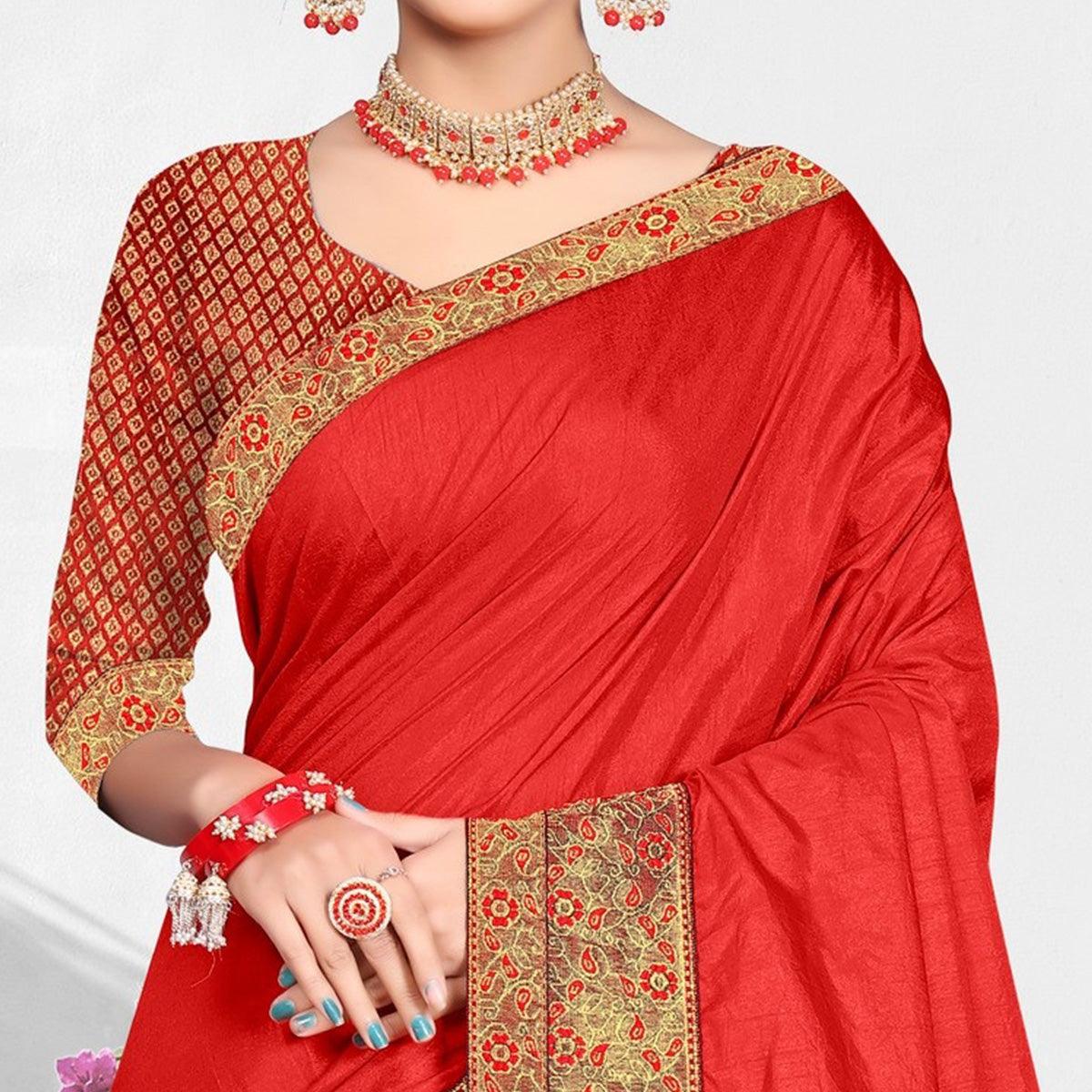 Red Solid Vichitra Silk Saree - Peachmode