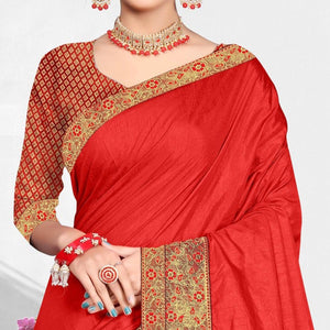 Red Solid Vichitra Silk Saree - Peachmode