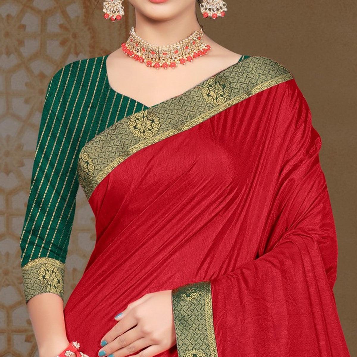 Red Solid Vichitra Silk Saree - Peachmode