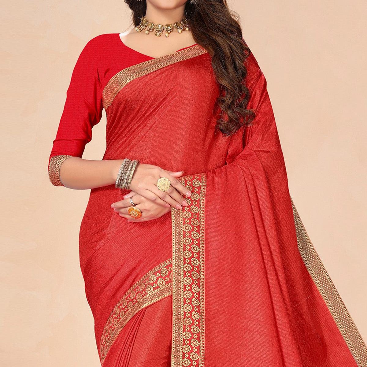 Red Solid Vichitra Silk Saree - Peachmode