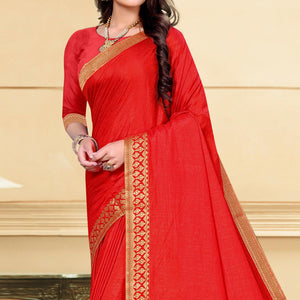 Red Solid Vichitra Silk Saree - Peachmode