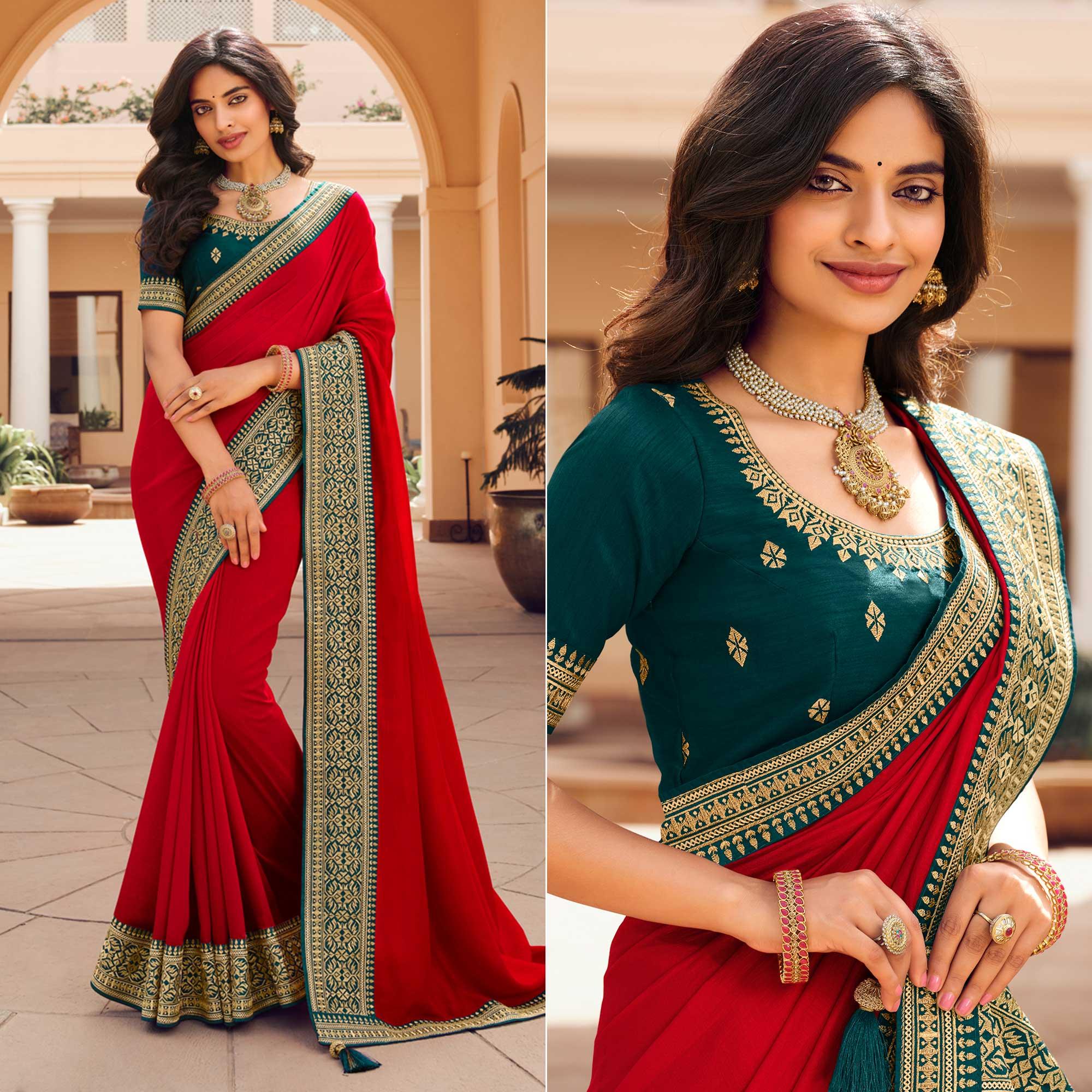 Red Solid Vichitra Silk Saree With Tassels - Peachmode