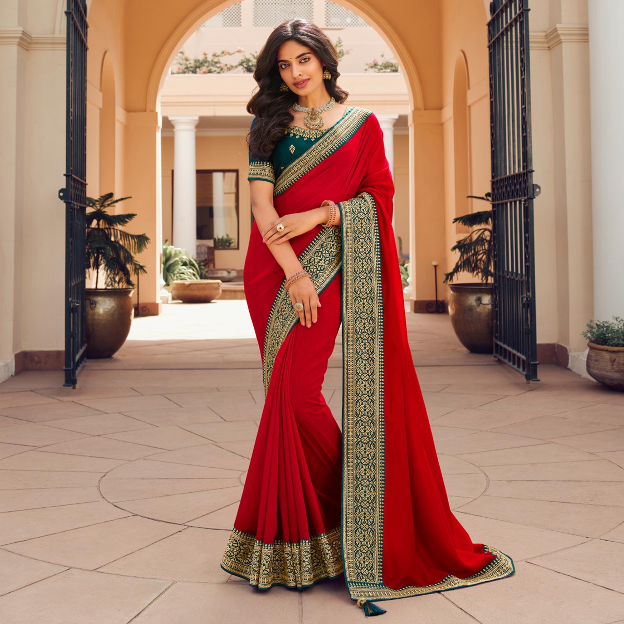 Red Solid Vichitra Silk Saree With Tassels - Peachmode