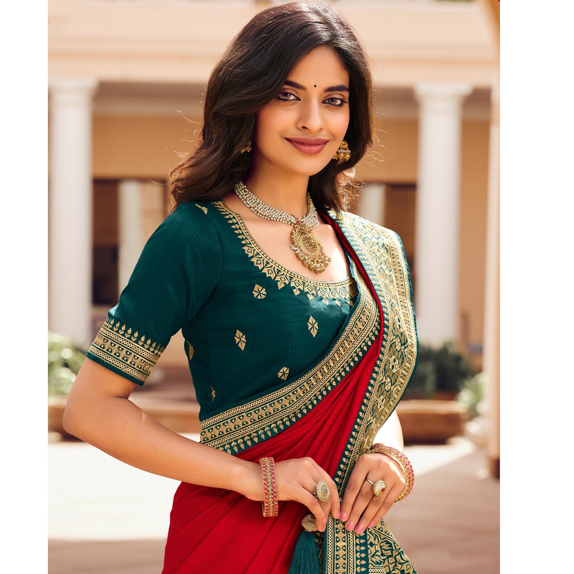 Red Solid Vichitra Silk Saree With Tassels - Peachmode