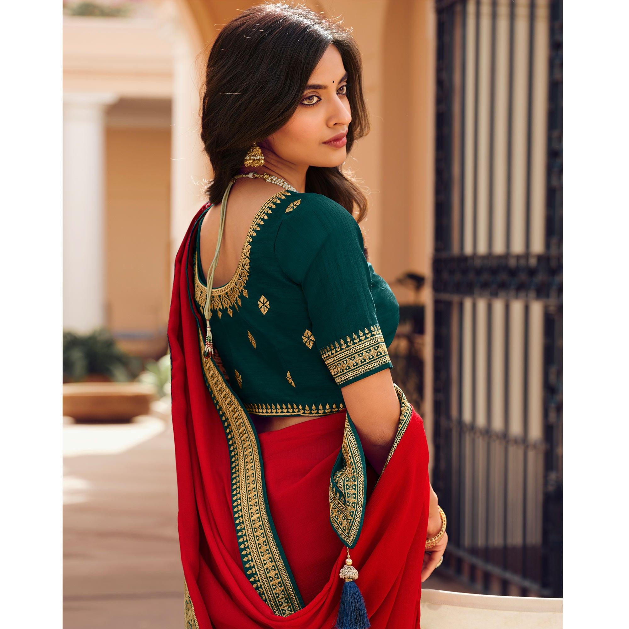 Red Solid Vichitra Silk Saree With Tassels - Peachmode