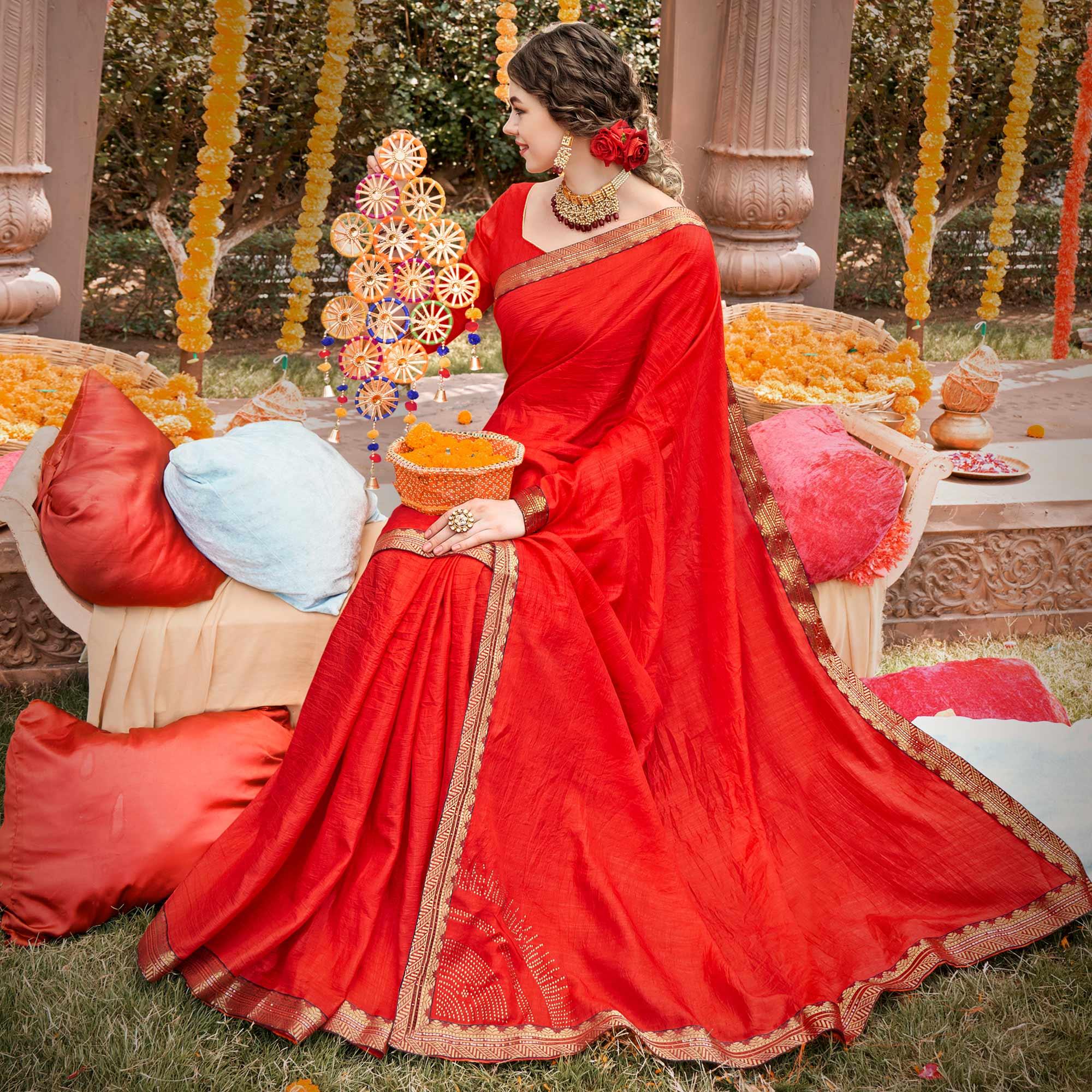 Red Solid With Fancy Border Vichitra Silk Saree - Peachmode
