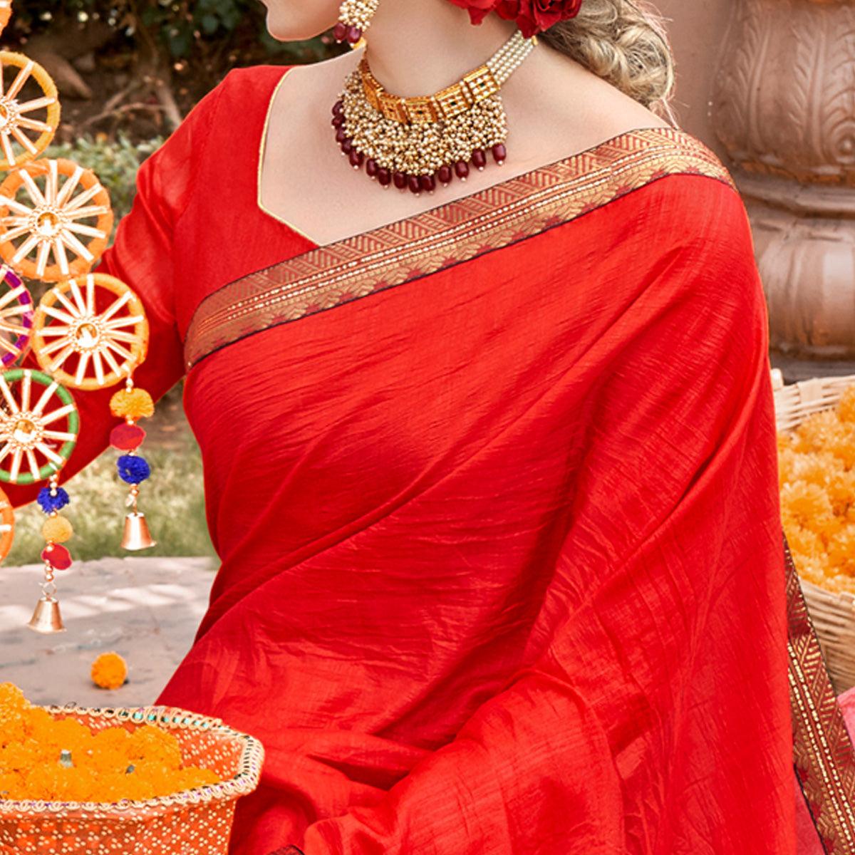 Red Solid With Fancy Border Vichitra Silk Saree - Peachmode