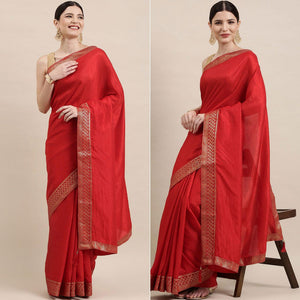 Red Solid With Woven Border Vichitra Silk Saree - Peachmode