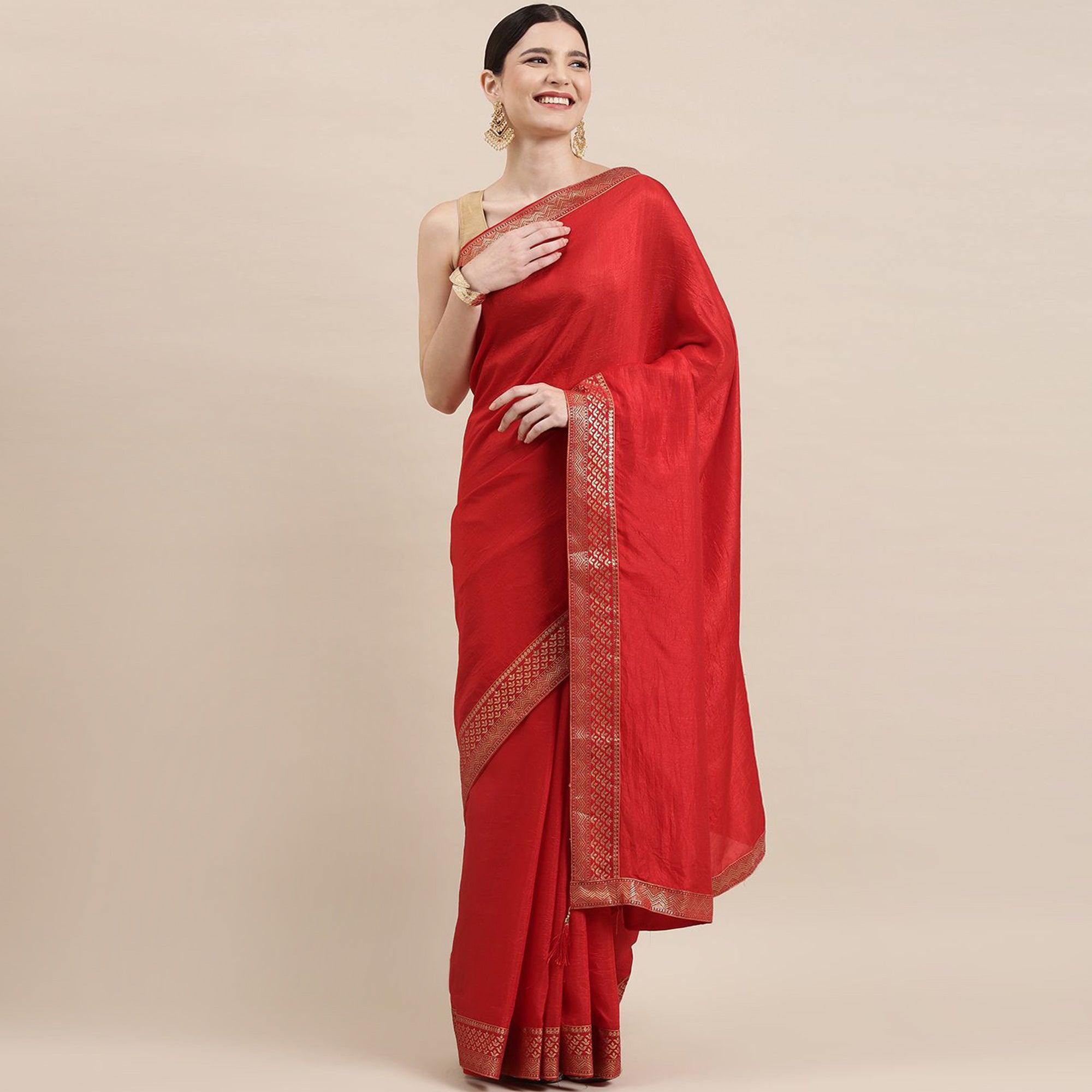 Red Solid With Woven Border Vichitra Silk Saree - Peachmode