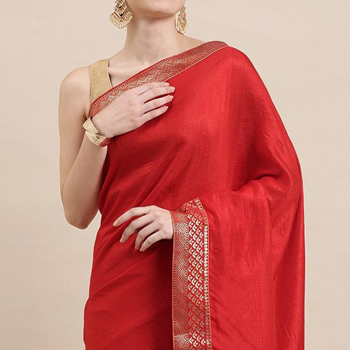 Red Solid With Woven Border Vichitra Silk Saree - Peachmode