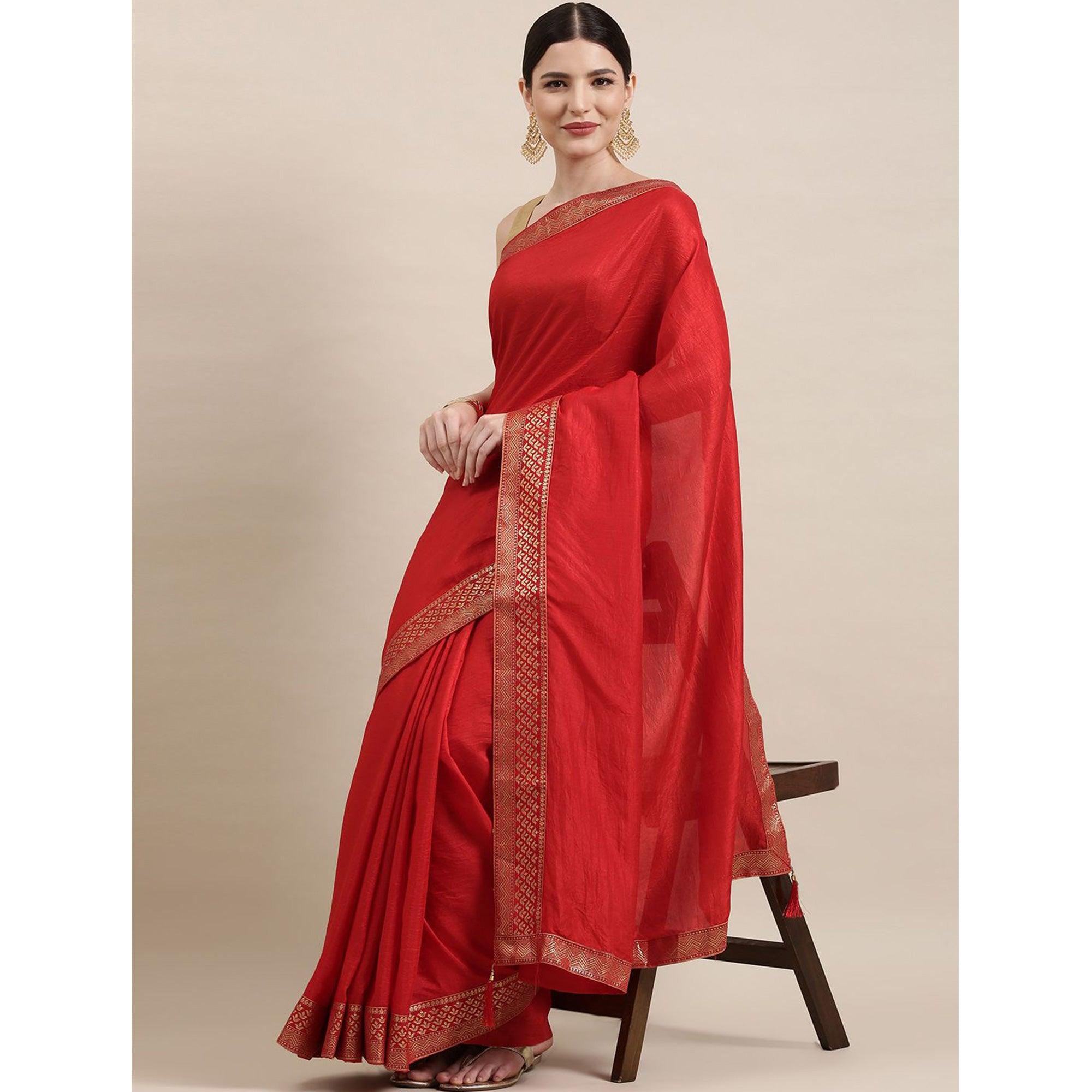 Red Solid With Woven Border Vichitra Silk Saree - Peachmode