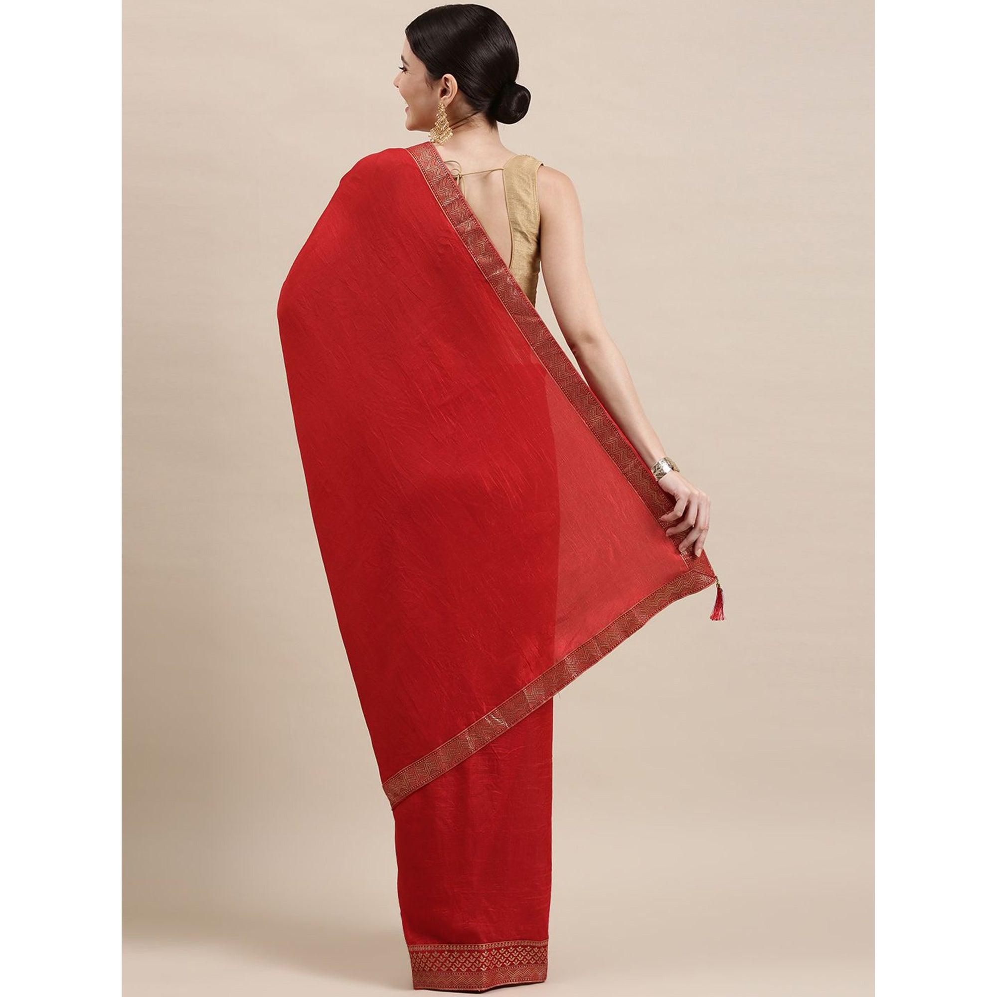 Red Solid With Woven Border Vichitra Silk Saree - Peachmode